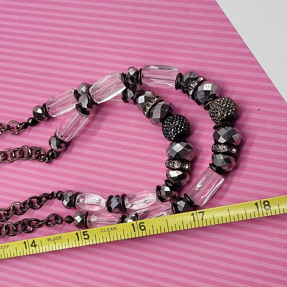 INC Intl Concepts Metal Necklace Gunmetal Silver Clear Rhinestone Faceted Beads